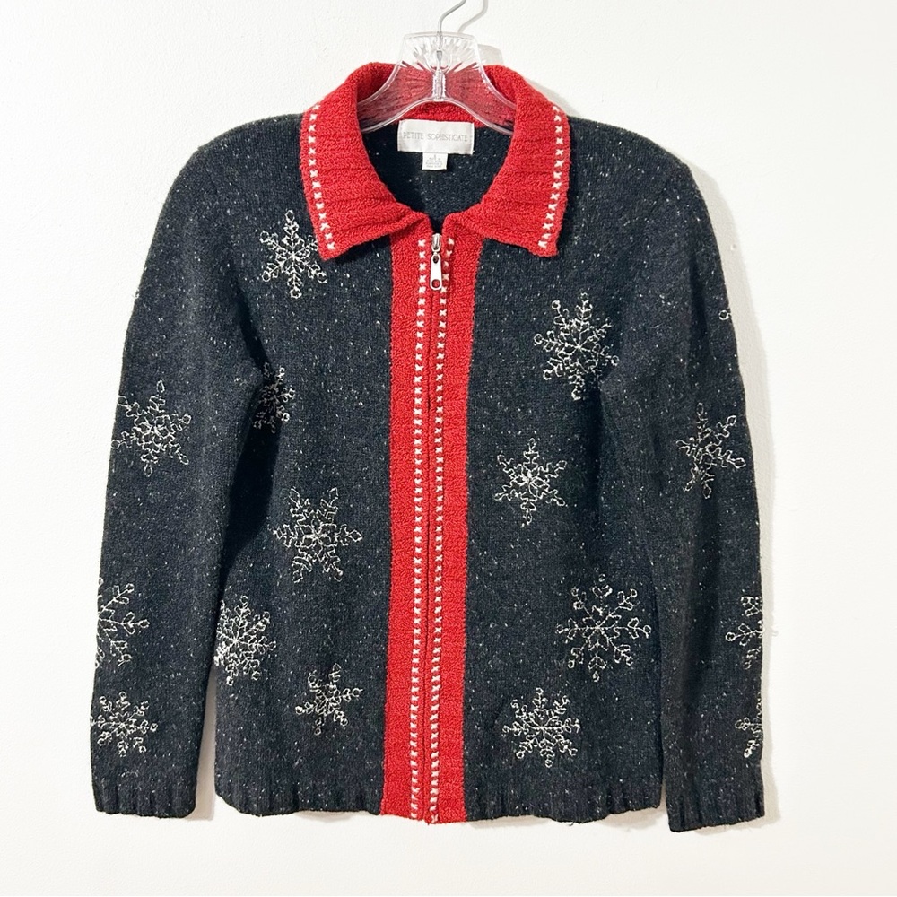 Petite Sophisticate Lambswool Blend Front Zip Cardigan Snowflake❄️Sweater Collar